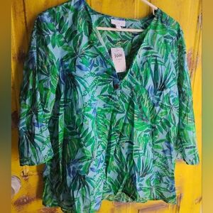 J. Jill Green and Blue Leaf Print Blouse